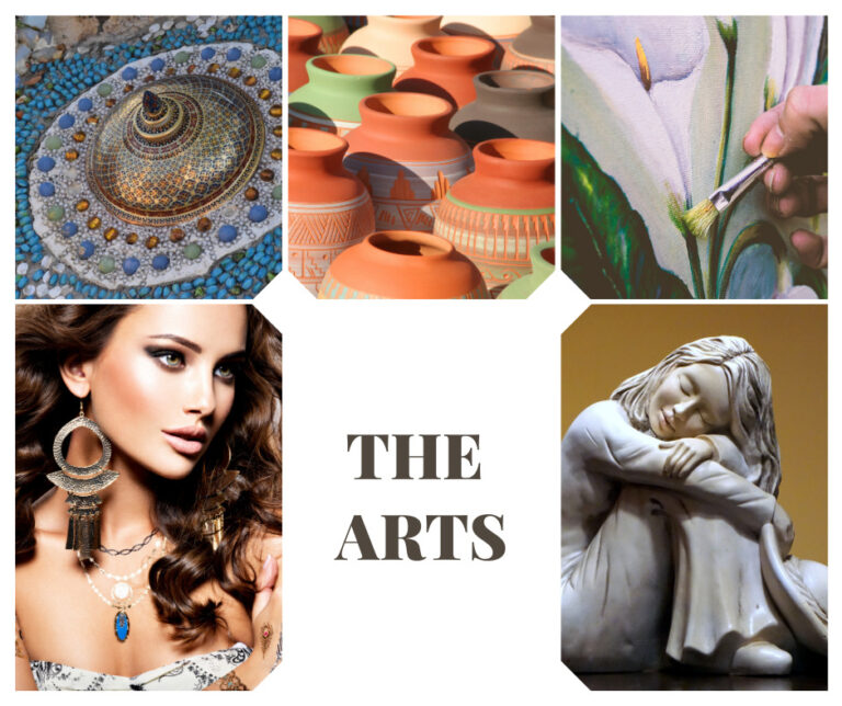 collage of jewelry, sculpture, painting and jewelry