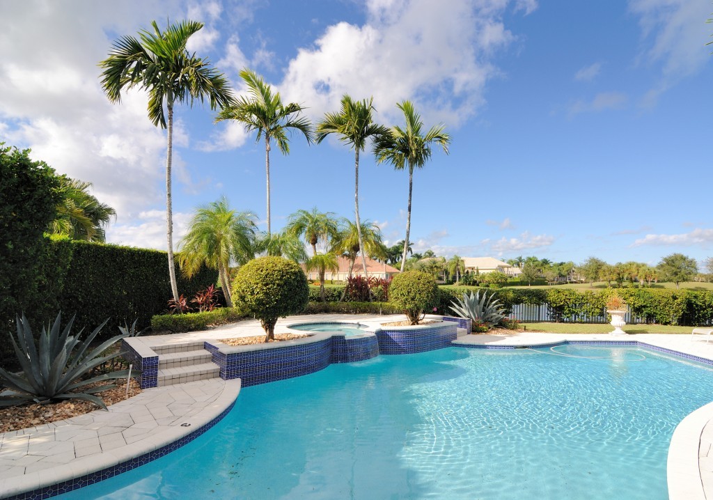 exterior in ground pool with spa and palm trees