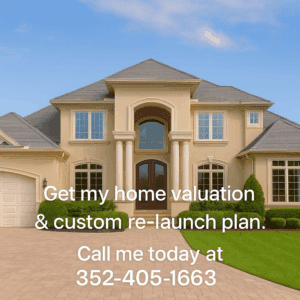 Bright luxury Ocala home with elegant columns, arched entry, and manicured landscaping used for real estate marketing. Text overlay reads: ‘Get my home valuation & custom re-launch plan. Call me today at 352-405-1663