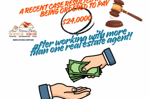 Buyer broker agreement risks illustrated by court gavel and cash showing buyer ordered to pay $24,000 after working with multiple real estate agents