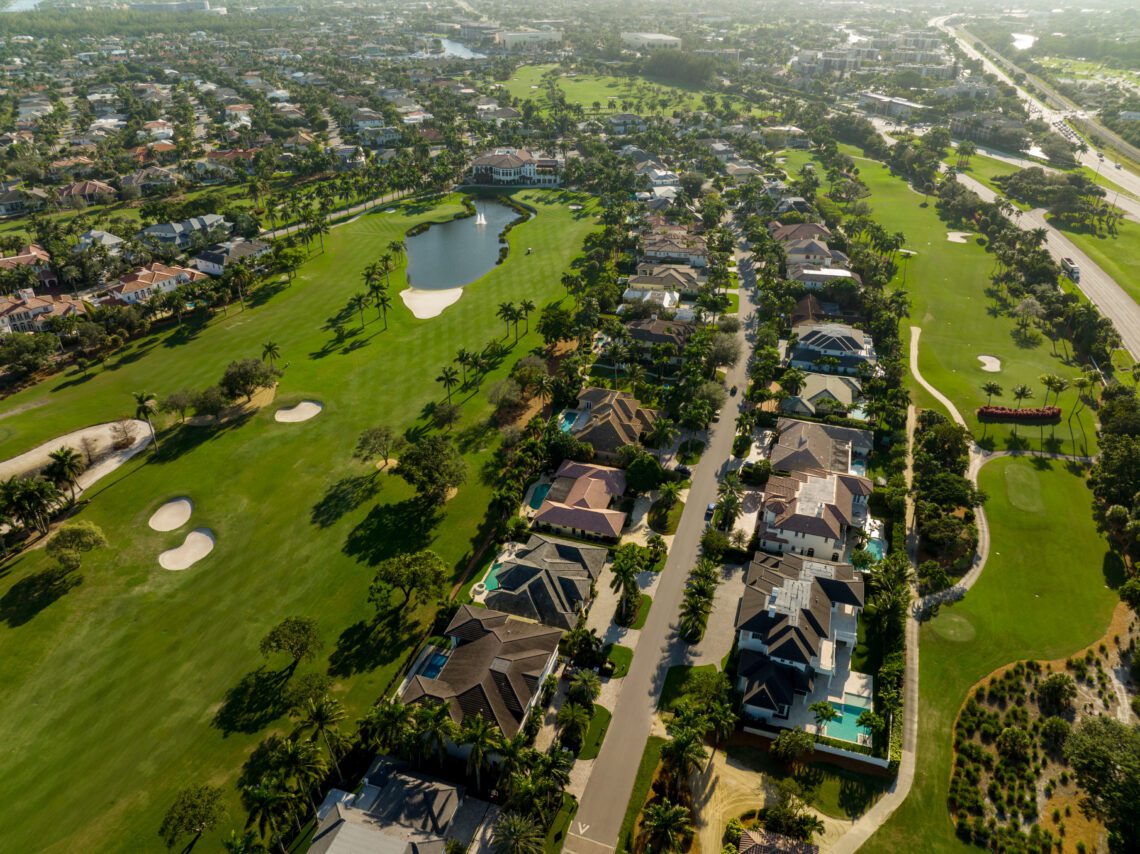 aerial drone photo of golf course community
