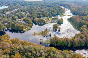 Aerial drone view of Withlacoochee River at the confluence of Rainbow River in Dunnellon, Florida.