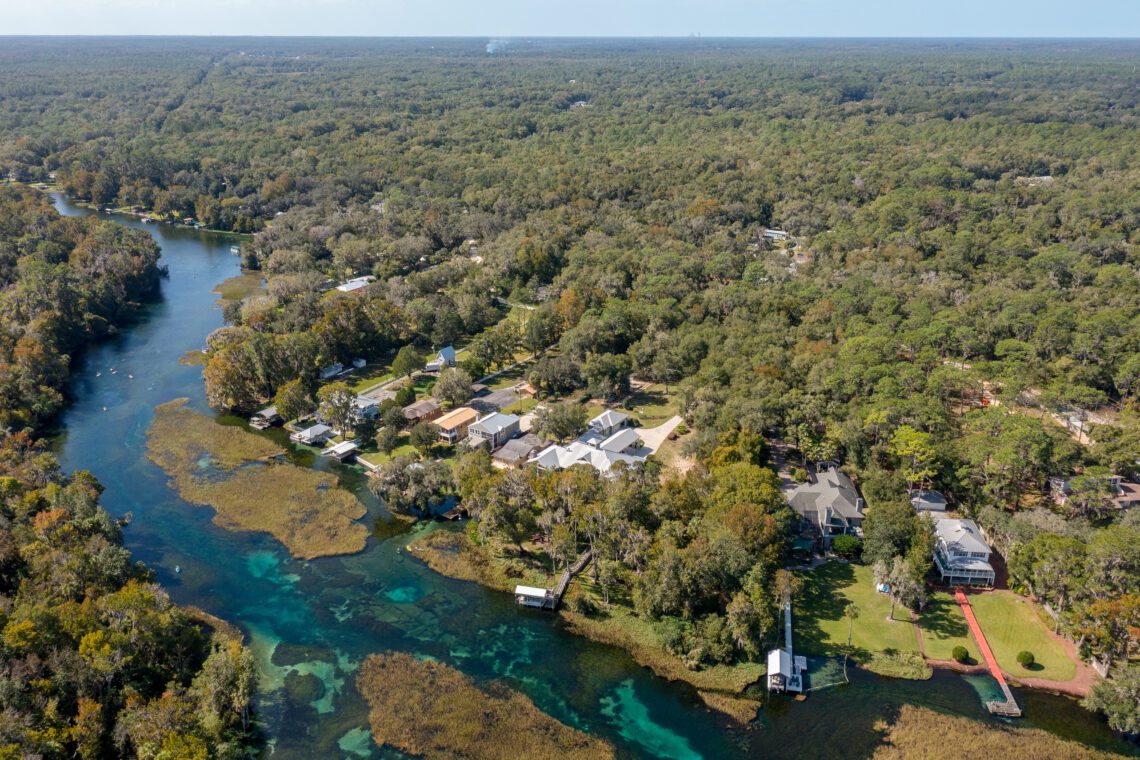 aerial view of homes on the rainbow river in Dunnellon Fl.