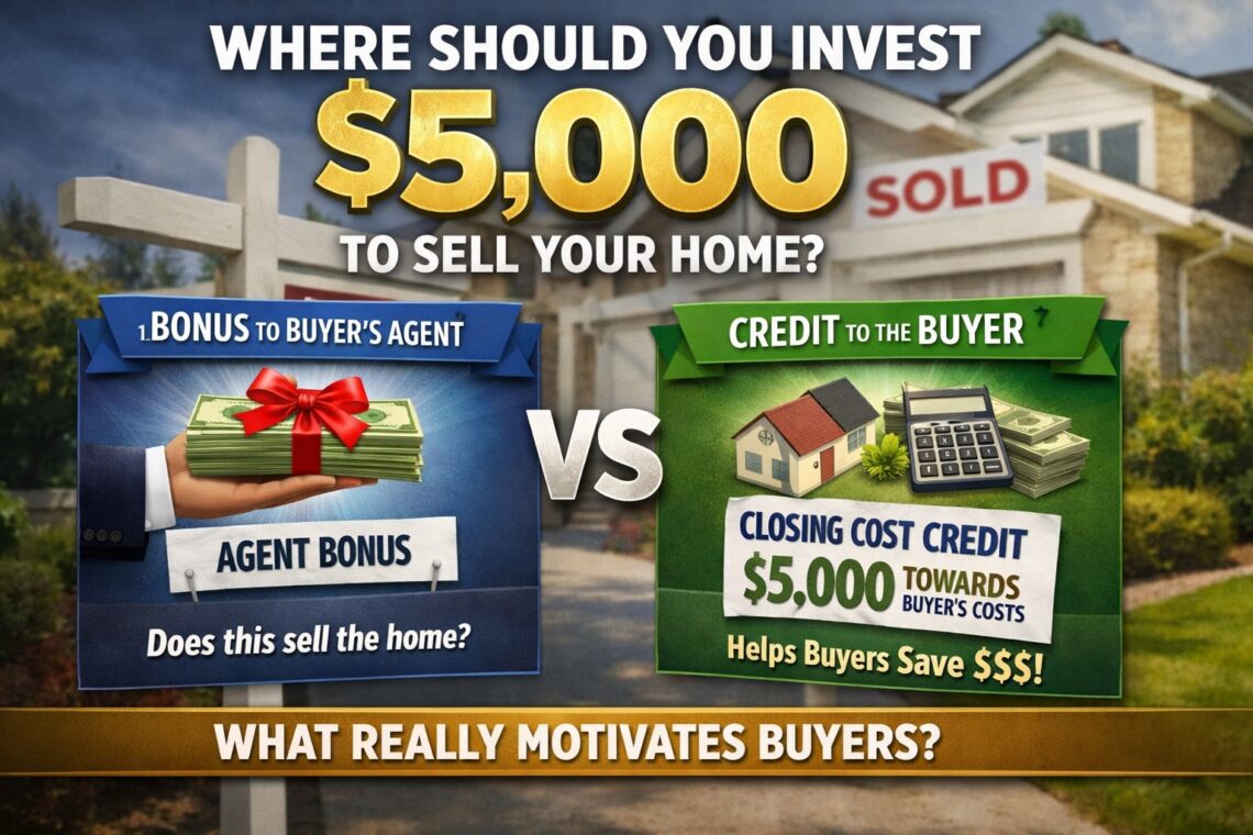 Graphic comparing buyer incentives to sell a home, showing a $5,000 buyer agent bonus versus a $5,000 buyer closing cost credit to motivate home buyers.